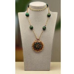 Sunflower Floral Green Beaded Pendant Necklace Reversible Gold Boho Garden Party